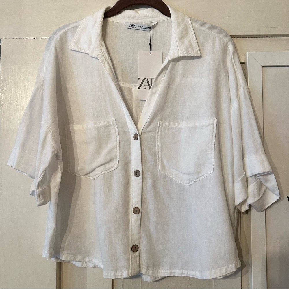 Zara NWT White SS button down camp shirt L